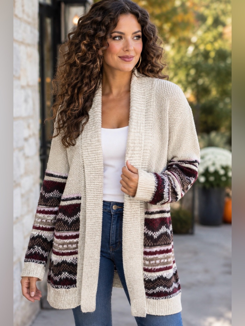 MM Cozy Cream Fair Isle Open-Front Cardigan Sweater Sz M
